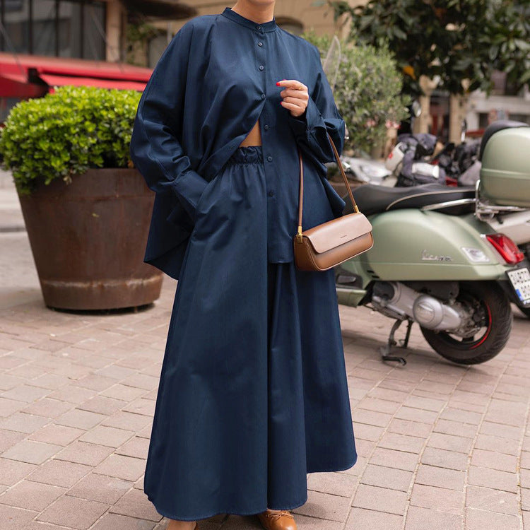 Mandarin Collar Long-sleeved Shirt + Wide-Leg Pants Loose Two-piece Set