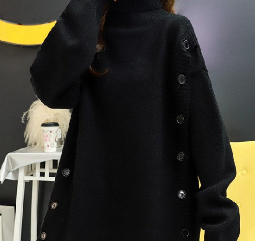 Buttoned Asymmetrical Knitted Turtleneck Sweater