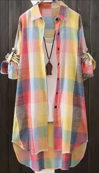 Plus Size Checkered Print Casual Collared Long Sleeve Shirt