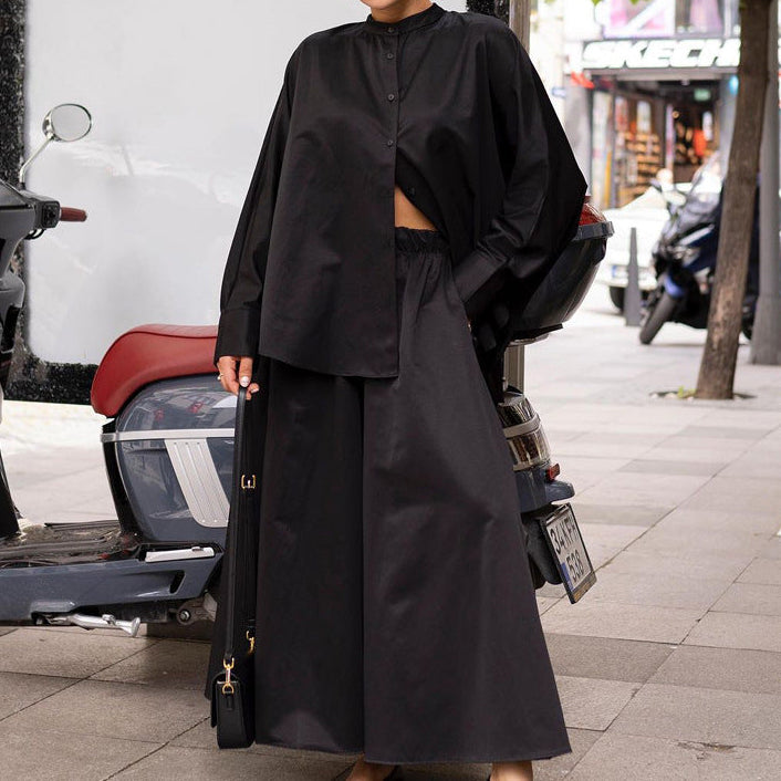 Mandarin Collar Long-sleeved Shirt + Wide-Leg Pants Loose Two-piece Set