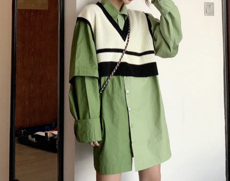 Two-piece cropped vest and long shirt/shirtdress