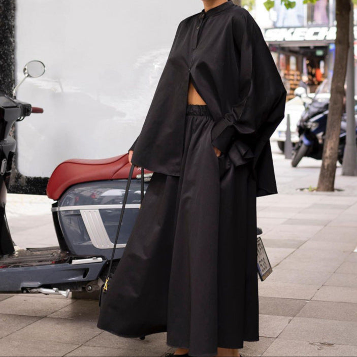 Mandarin Collar Long-sleeved Shirt + Wide-Leg Pants Loose Two-piece Set