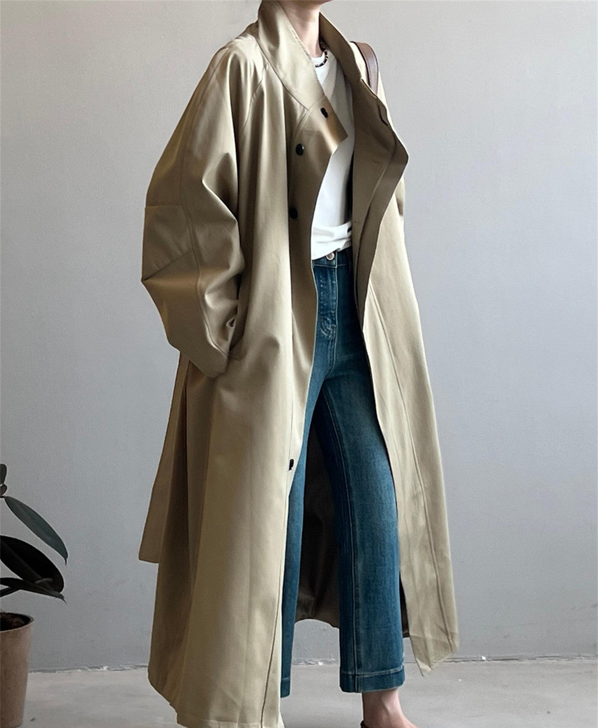 Straight Collar Mid-length Trench Coat
