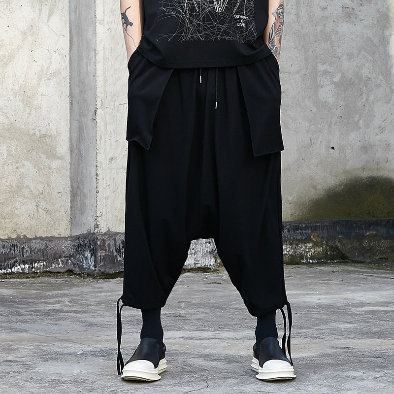 Drawstring Lantern Harem Pants - Faux Double Layer