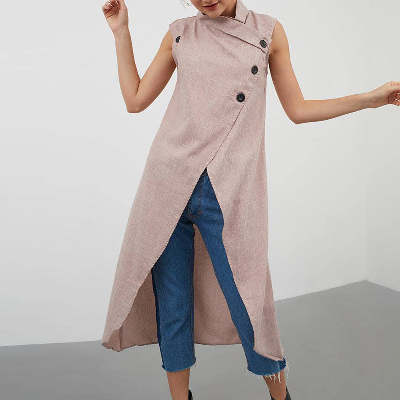 Tall Collar Large Button Sleeveless Irregular Cardigan