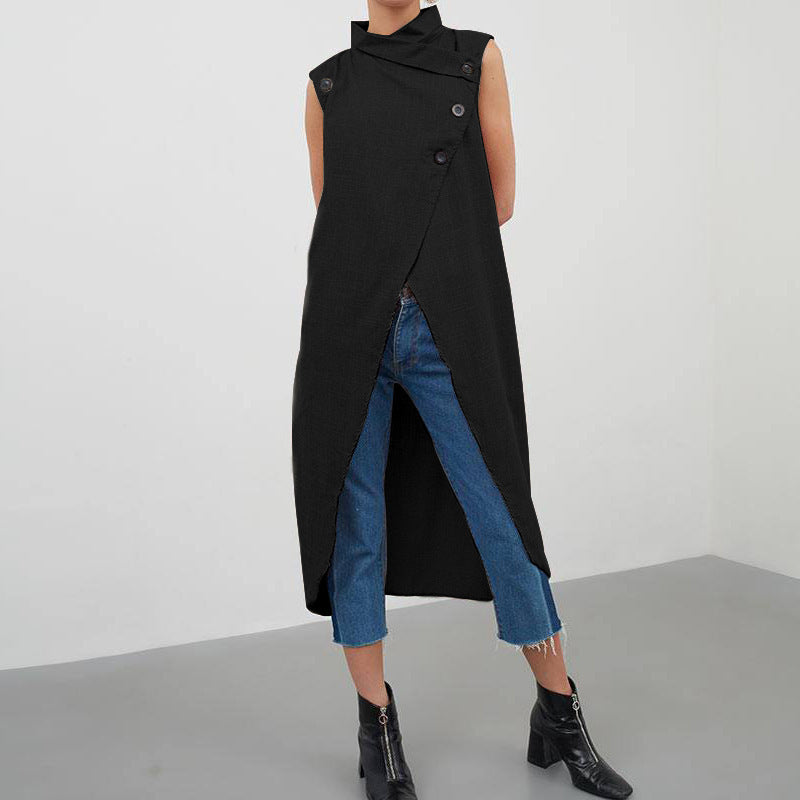 Tall Collar Large Button Sleeveless Irregular Cardigan