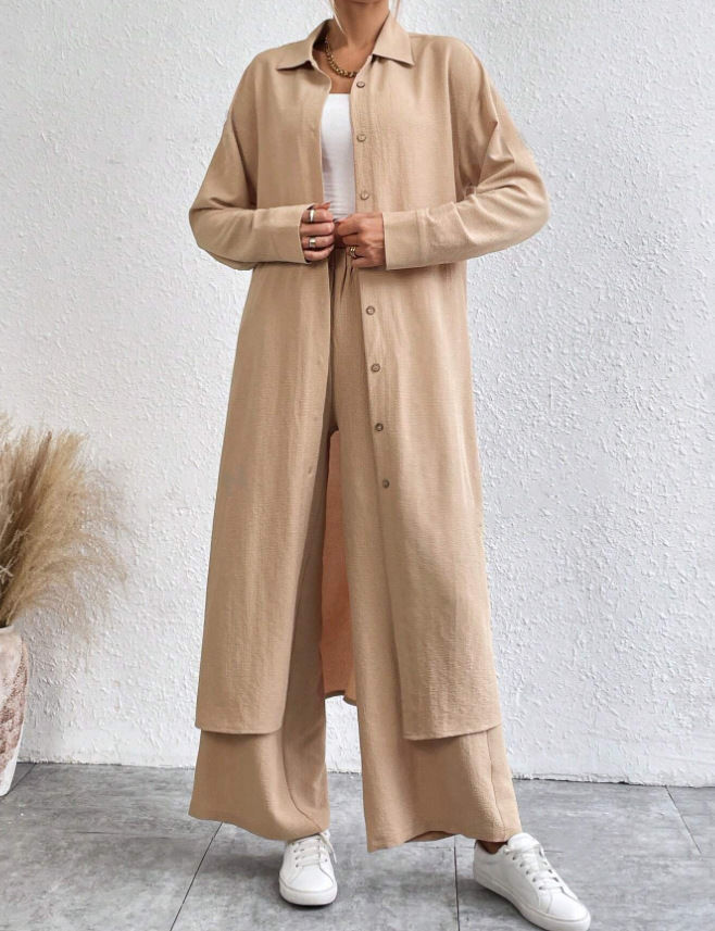 Plus Size Loose Long Shirt Wide Leg Pants Two-piece Set