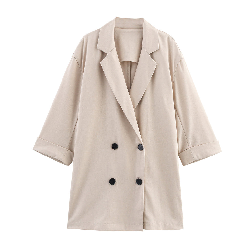 Linen Double Breasted Jacket - Wide Leg Pants Suit