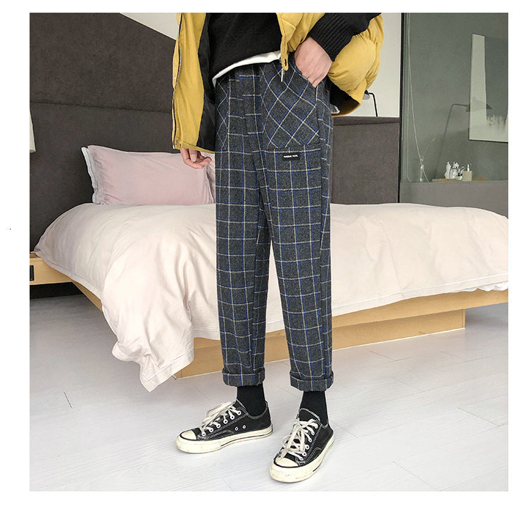 Straight plaid thick cotton pants