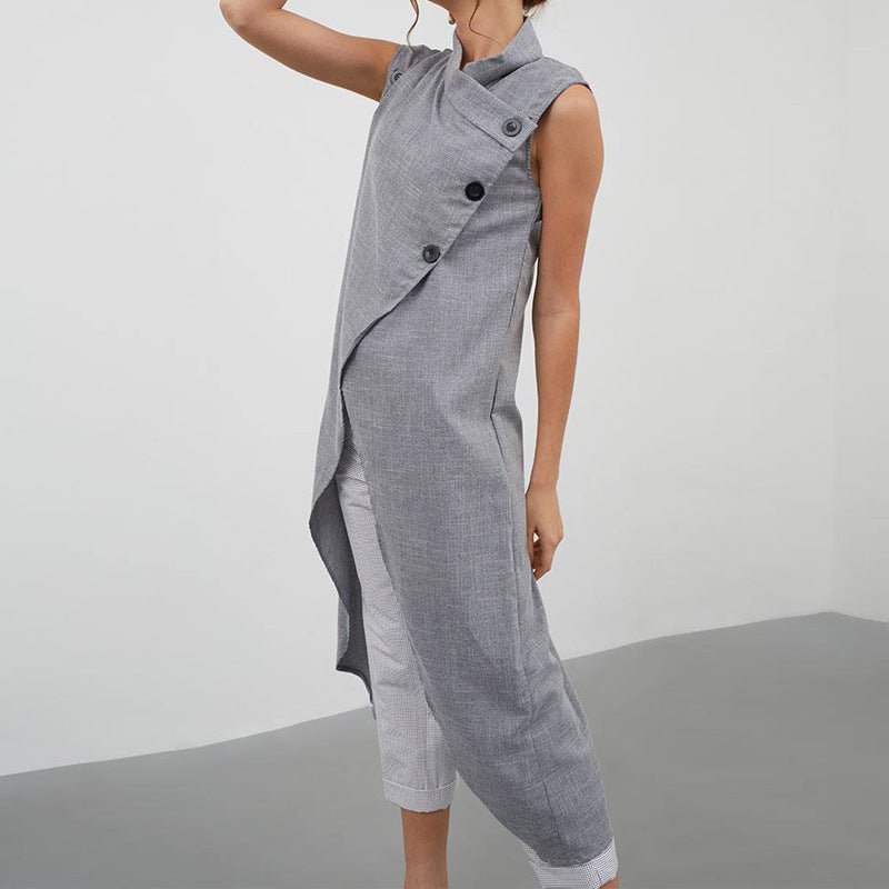 Tall Collar Large Button Sleeveless Irregular Cardigan