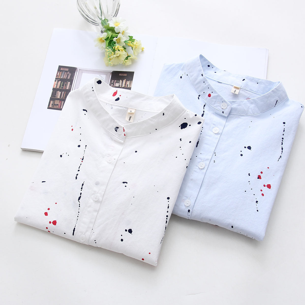 Simple Paint Splatter Band-collar long sleeve shirt