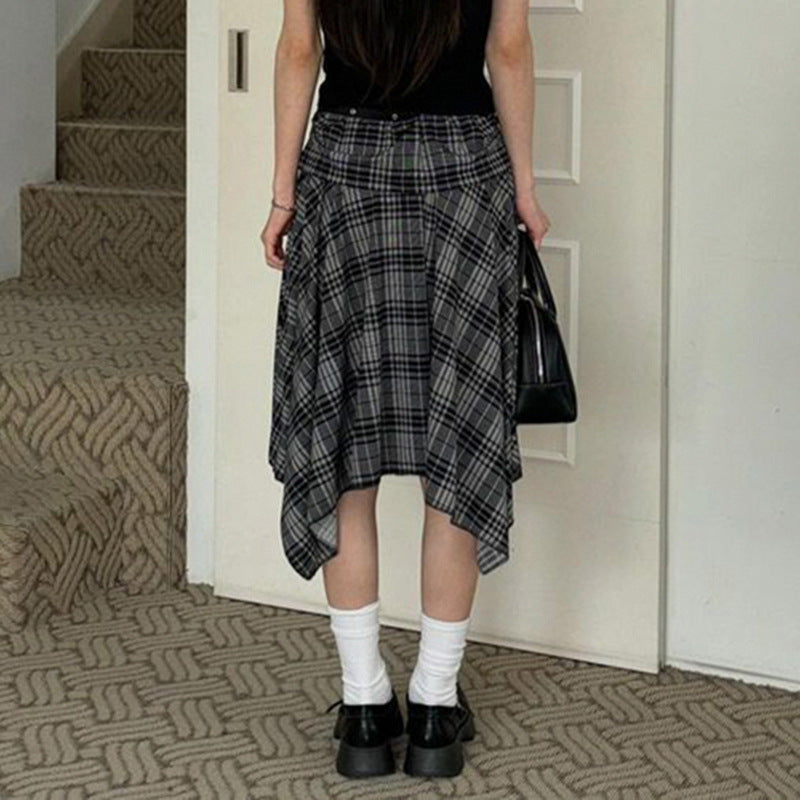 Plaid (T-shirt) Style Gray Irregular Skirt / Skirt Top