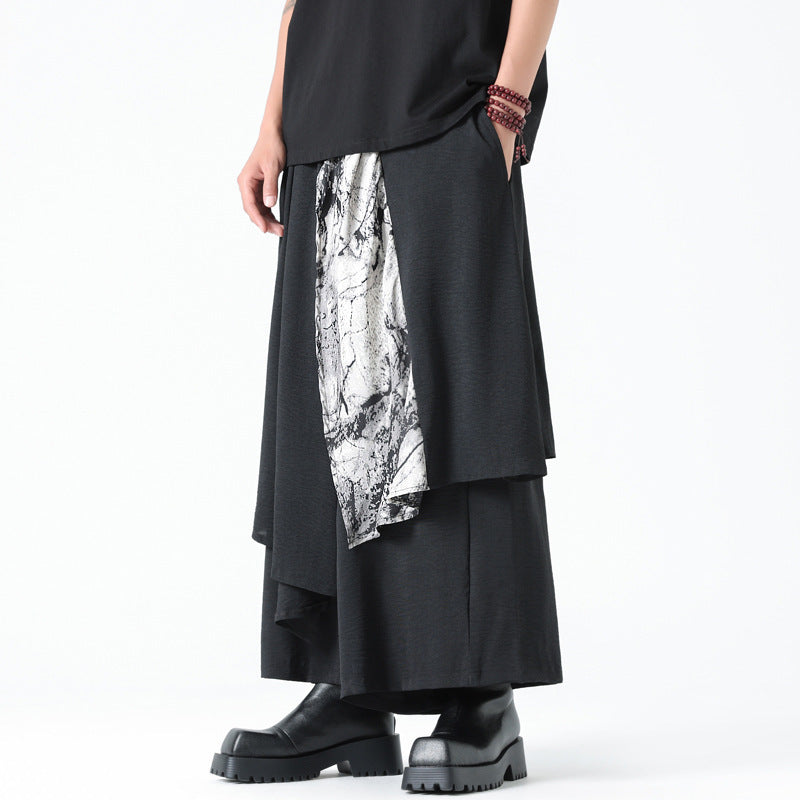 Modern Asian Style Black Layered Pants - Patterned