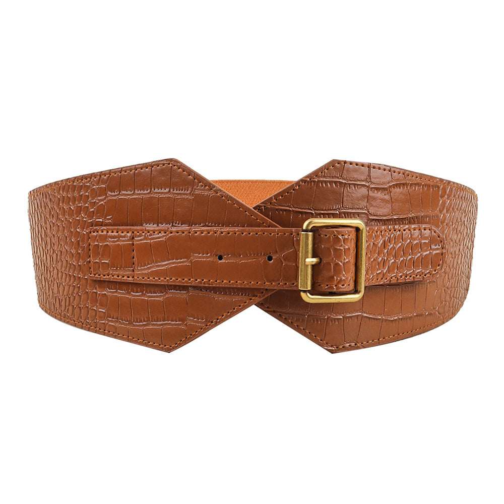 Needle Buckle Wide Elastic Belt Alligator Texture