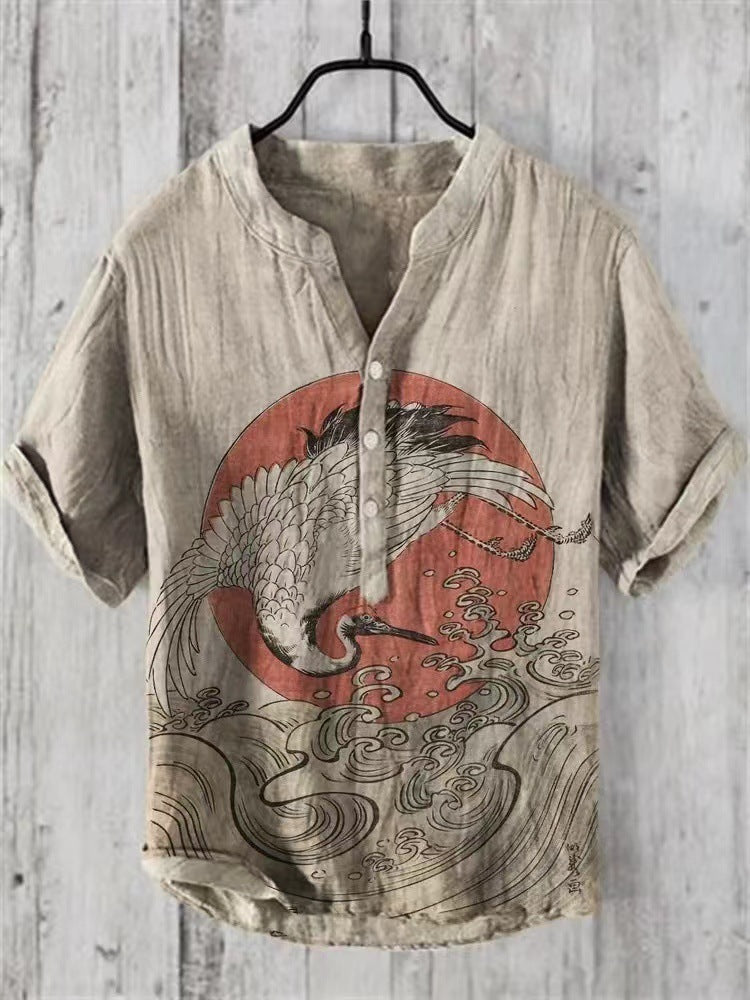Japanese Graphic Stand Collar Short Sleeve Shirt