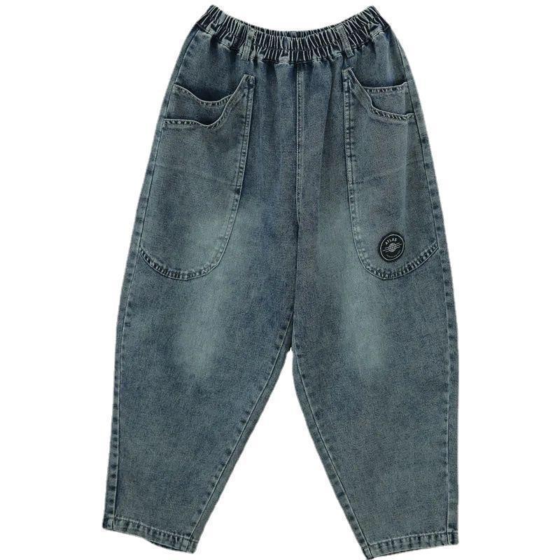 Loose Waist Tapered Large Pocket Capri Harem Jeans