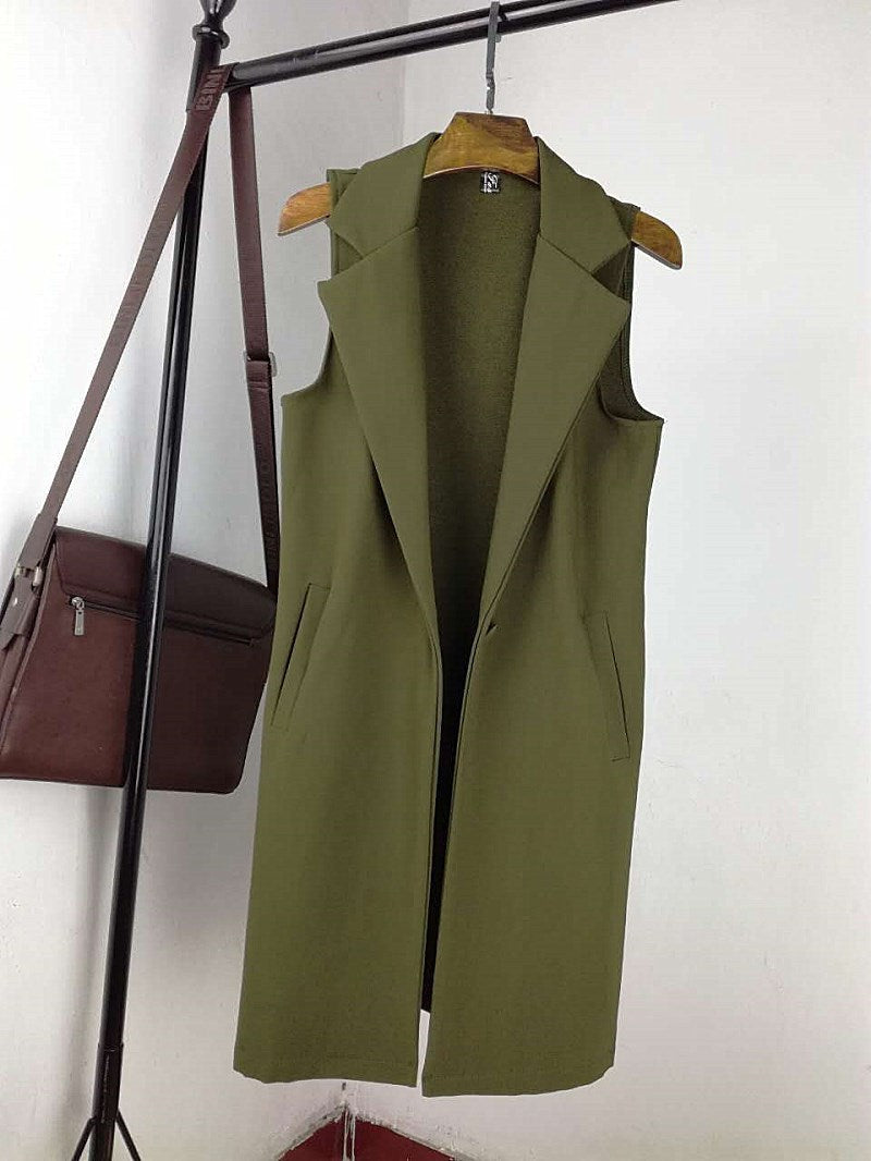 Sleeveless Long Vest With Lapel
