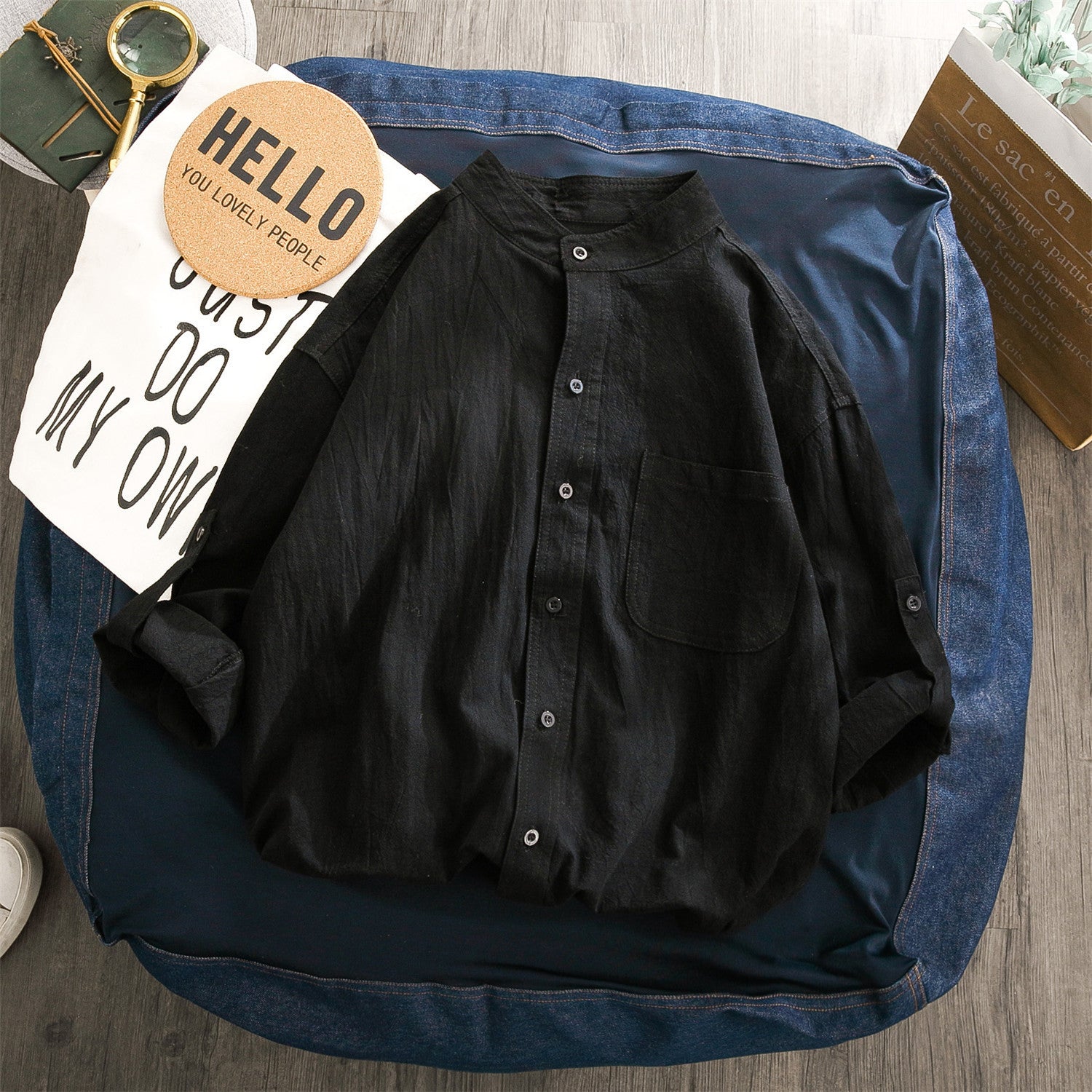Band-Collar Mid-length Sleeve Shirt