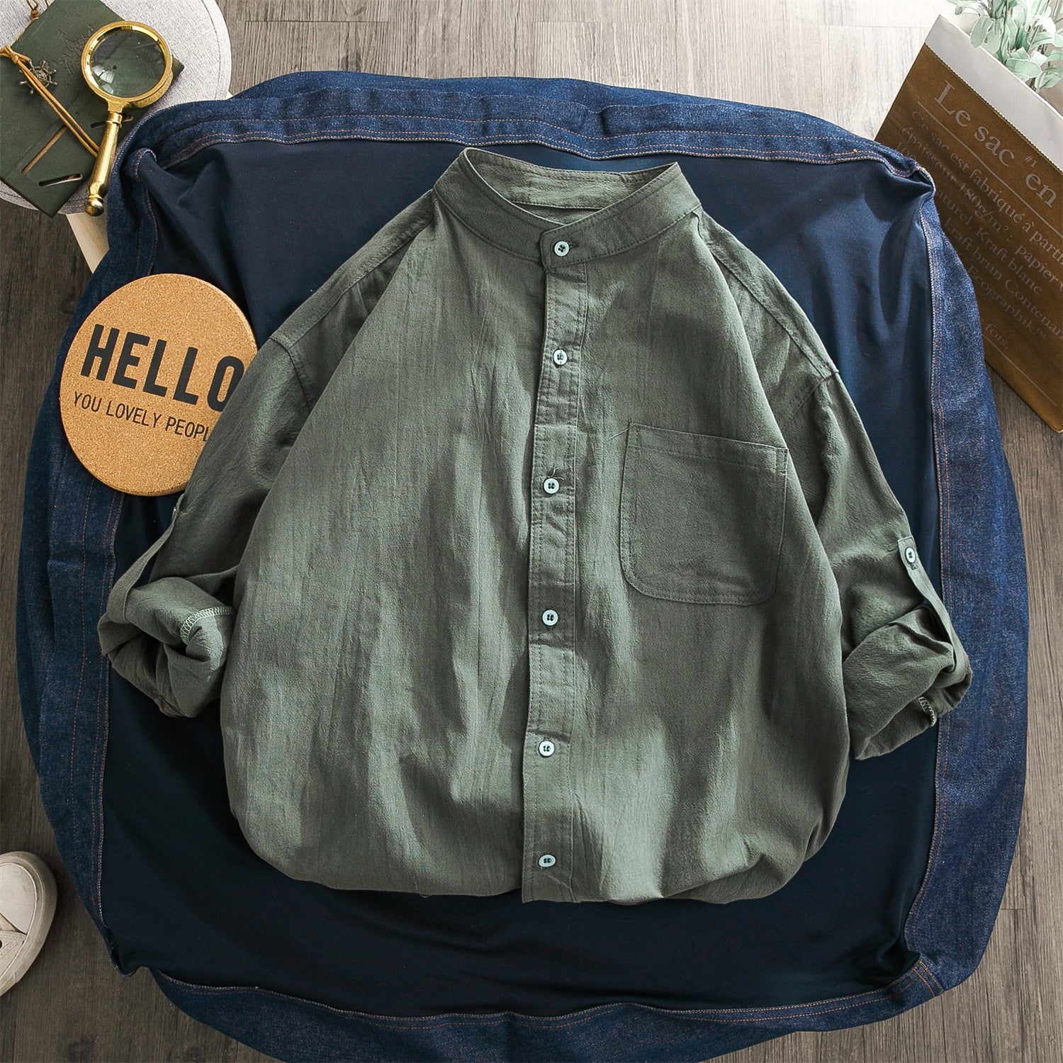 Band-Collar Mid-length Sleeve Shirt