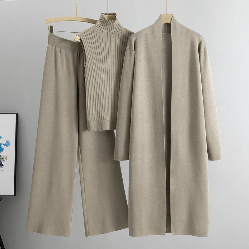 3-Piece Sleeveless Vest Long Cardigan And Wide-leg Pants - Knitted