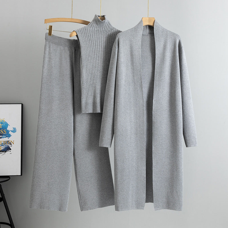 3-Piece Sleeveless Vest Long Cardigan And Wide-leg Pants - Knitted