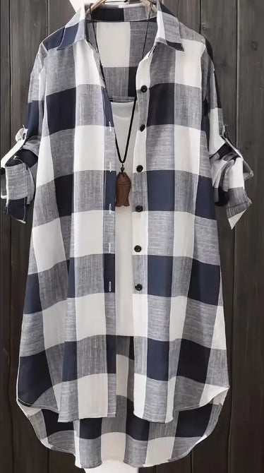 Plus Size Checkered Print Casual Collared Long Sleeve Shirt