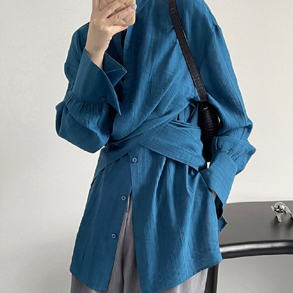 Standing Collar Cross Tie Waist Top