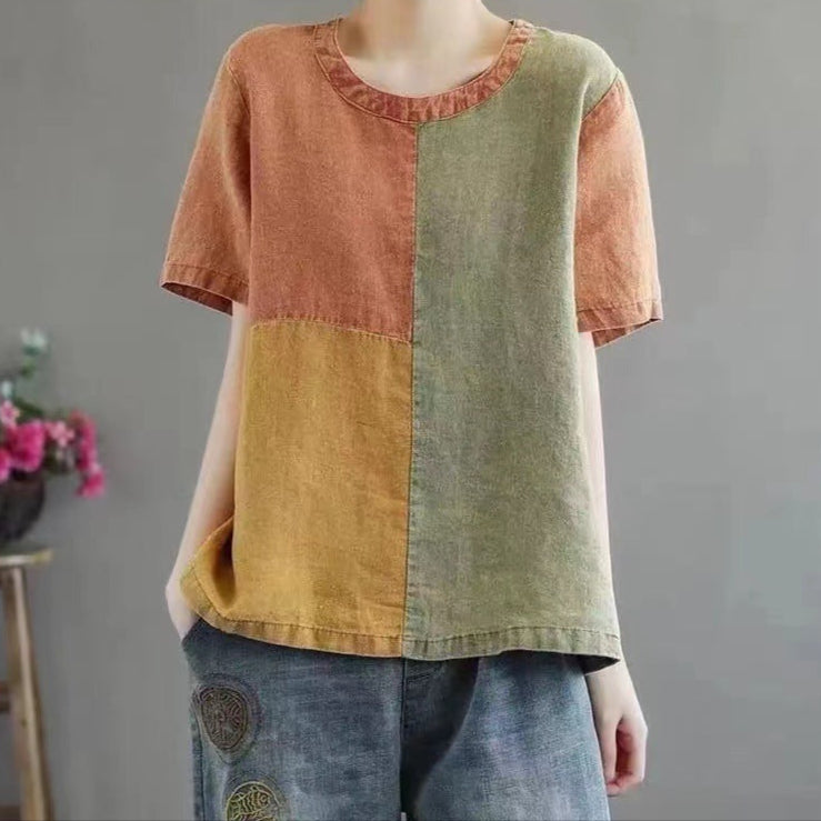 Linen Contrast Color Artistic Half-Sleeve Shirt