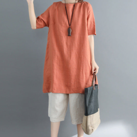 Solid Color Short Sleeve Vintage Long T-Shirt