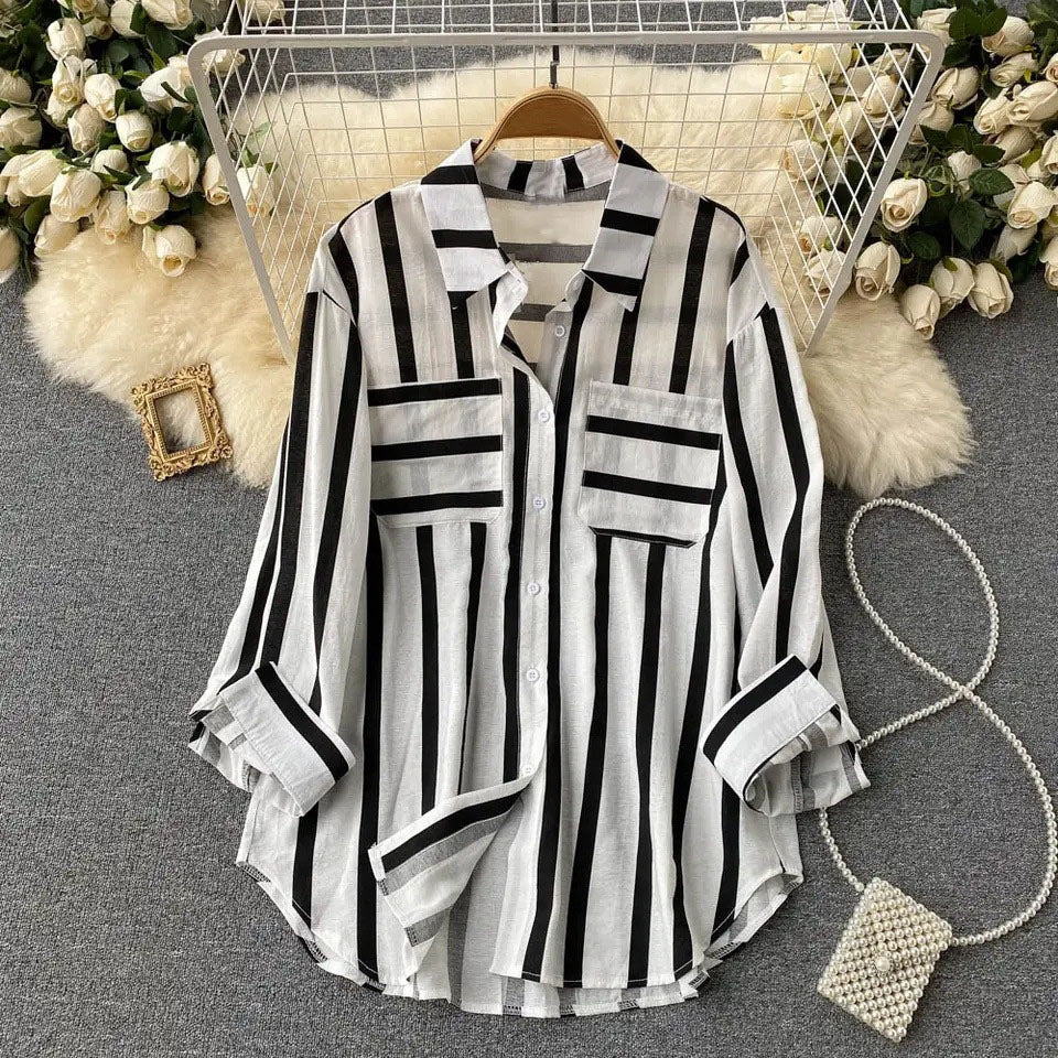 Translucent Mid-length Vertical Stripes Shirt