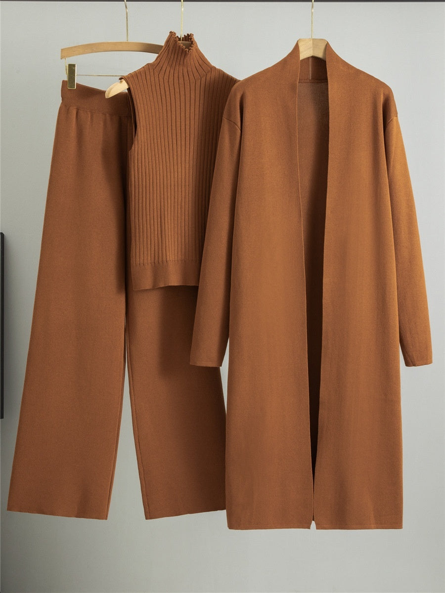3-Piece Sleeveless Vest Long Cardigan And Wide-leg Pants - Knitted