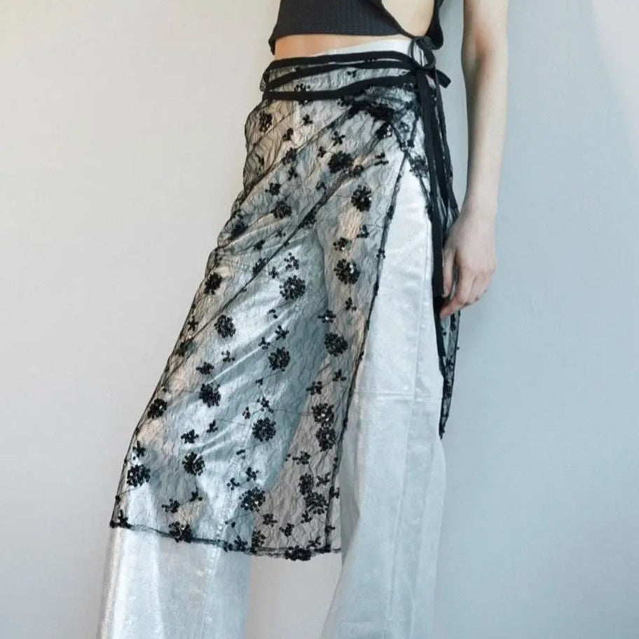 Lace Trim Multilayer Tie-on Skirt
