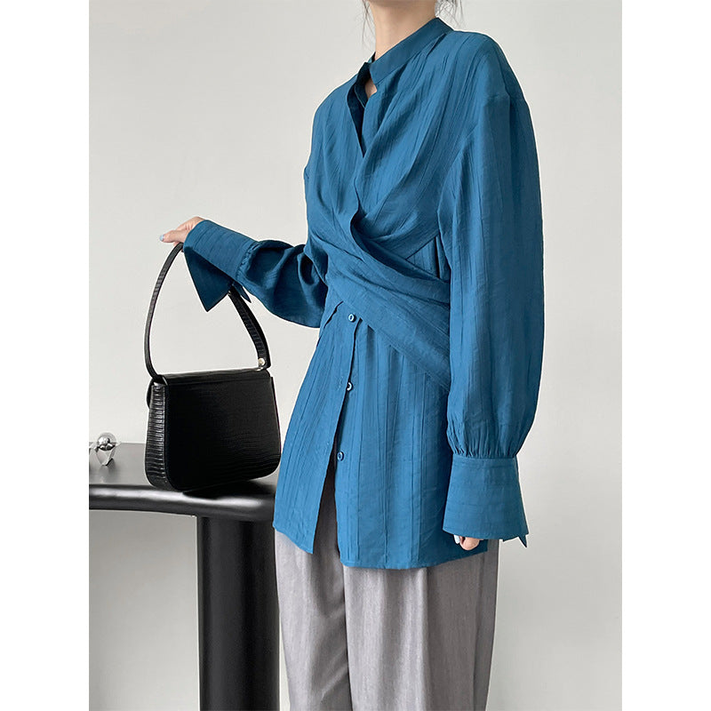 Standing Collar Cross Tie Waist Top