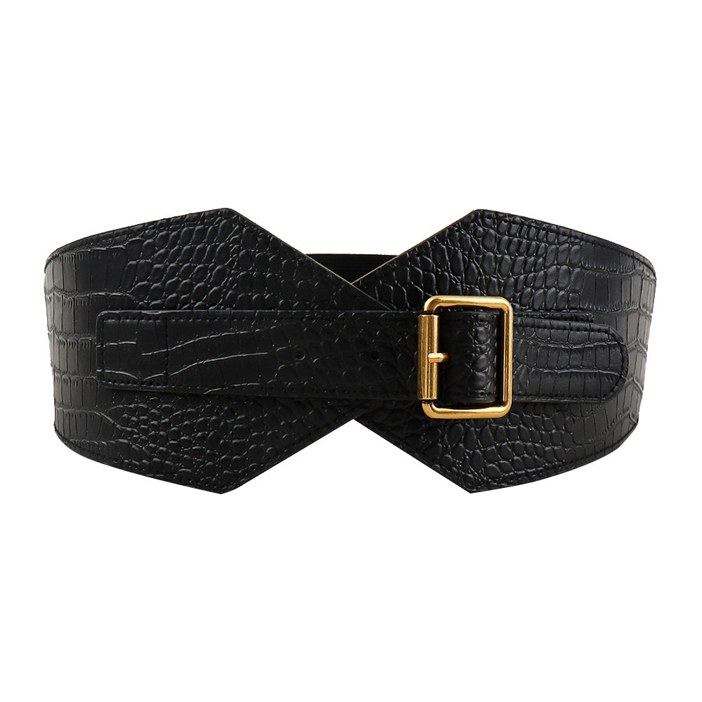 Needle Buckle Wide Elastic Belt Alligator Texture