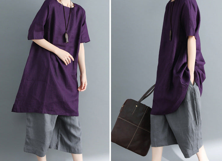 Solid Color Short Sleeve Vintage Long T-Shirt