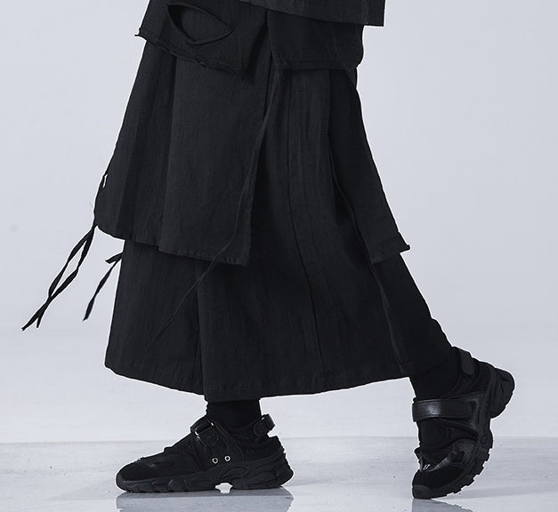 Black Linen Multi-Layered Wide Leg Pants