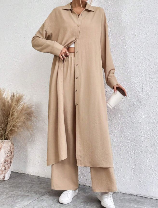 Plus Size Loose Long Shirt Wide Leg Pants Two-piece Set