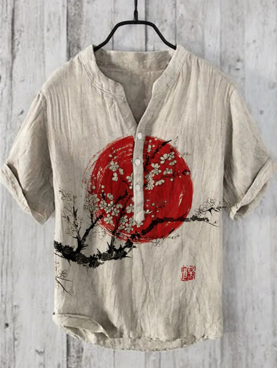 Japanese Graphic Stand Collar Short Sleeve Shirt