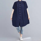 Mid-length Band Collar Short Sleeve Shirt / Shirtdress