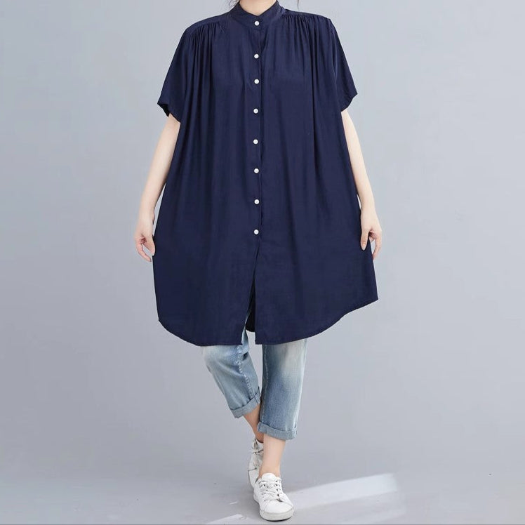Mid-length Band Collar Short Sleeve Shirt / Shirtdress