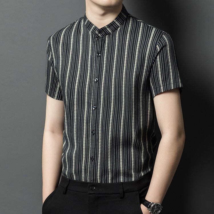 Band Collar Slim Striped Short Sleeve Shirt