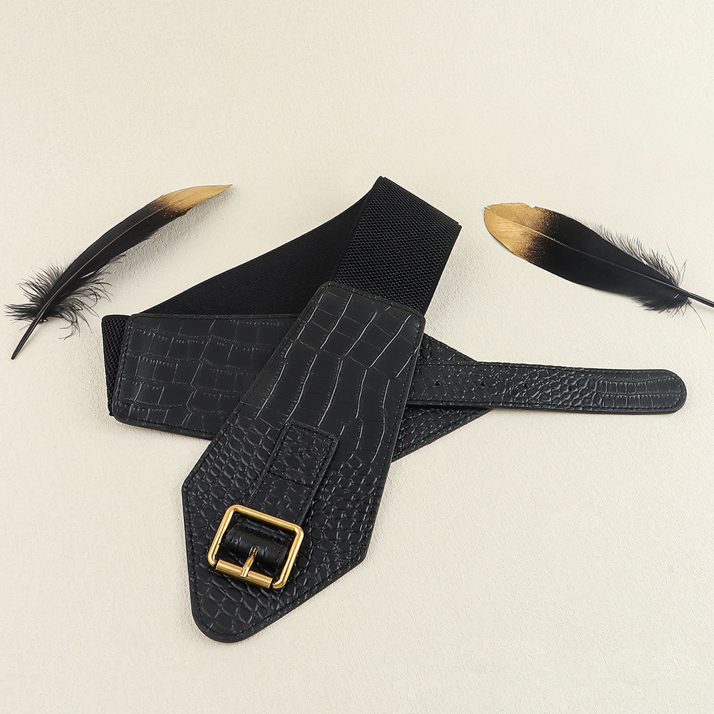 Needle Buckle Wide Elastic Belt Alligator Texture