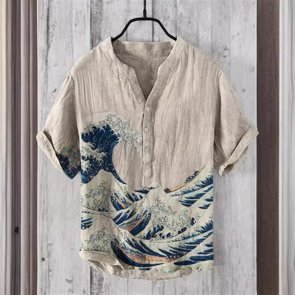 Japanese Graphic Stand Collar Short Sleeve Shirt