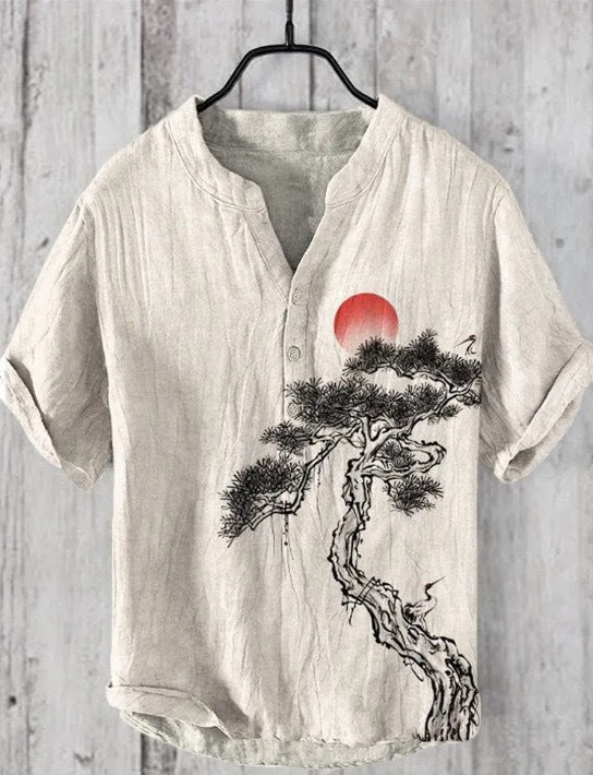 Japanese Graphic Stand Collar Short Sleeve Shirt