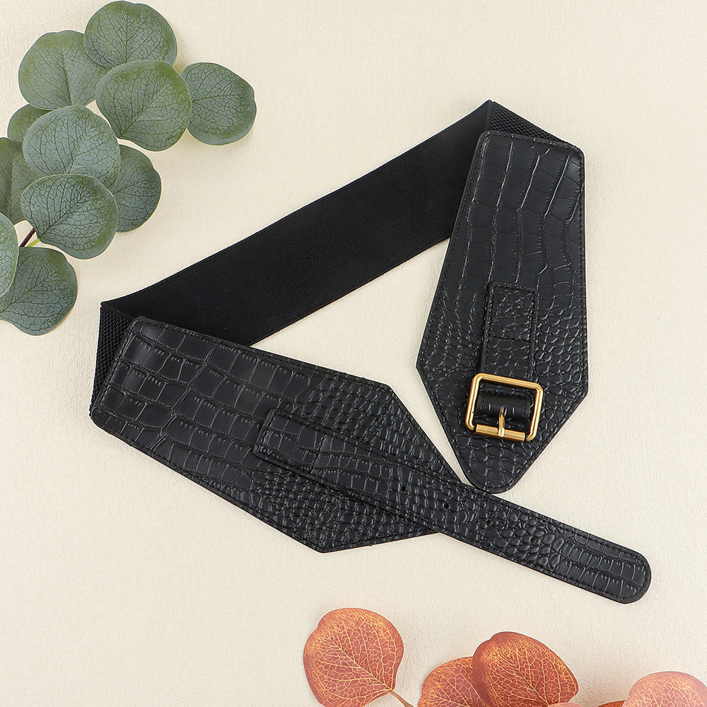 Needle Buckle Wide Elastic Belt Alligator Texture