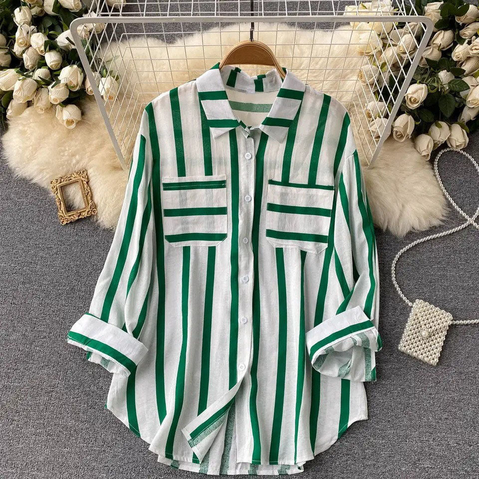 Translucent Mid-length Vertical Stripes Shirt