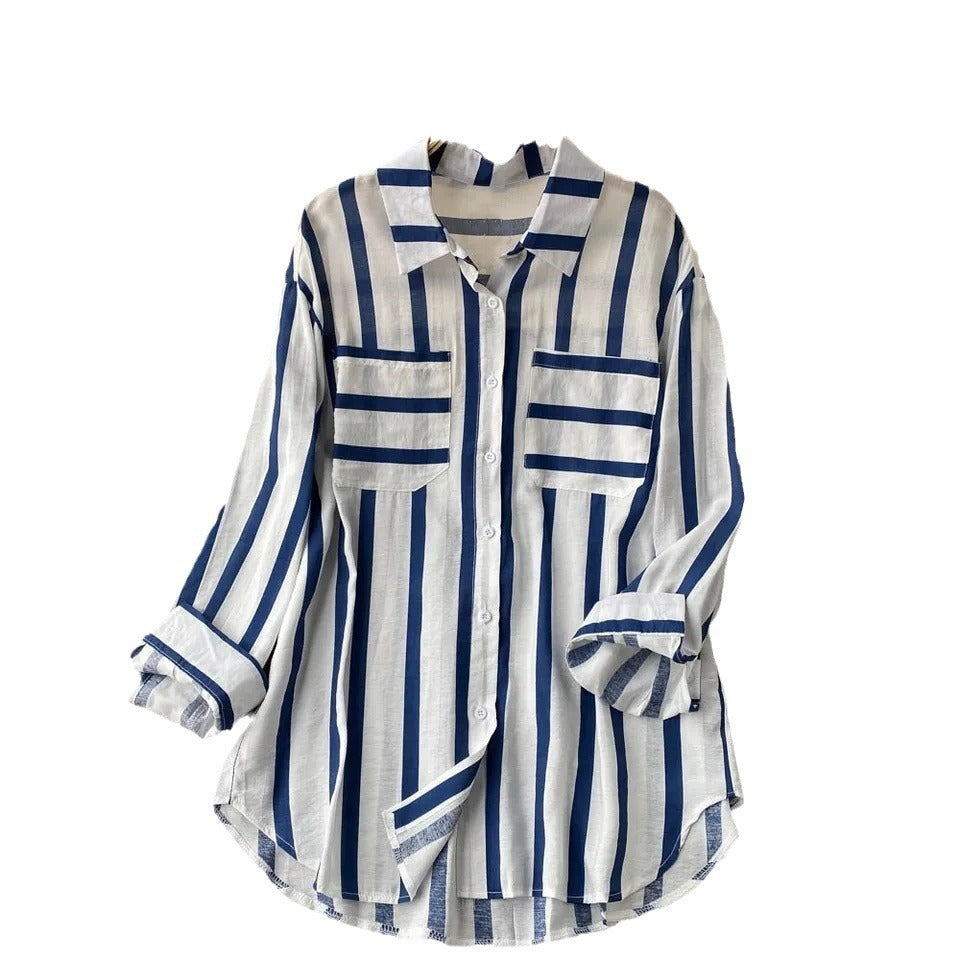 Translucent Mid-length Vertical Stripes Shirt