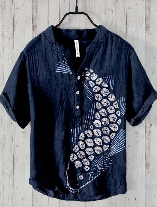 Japanese Graphic Stand Collar Short Sleeve Shirt