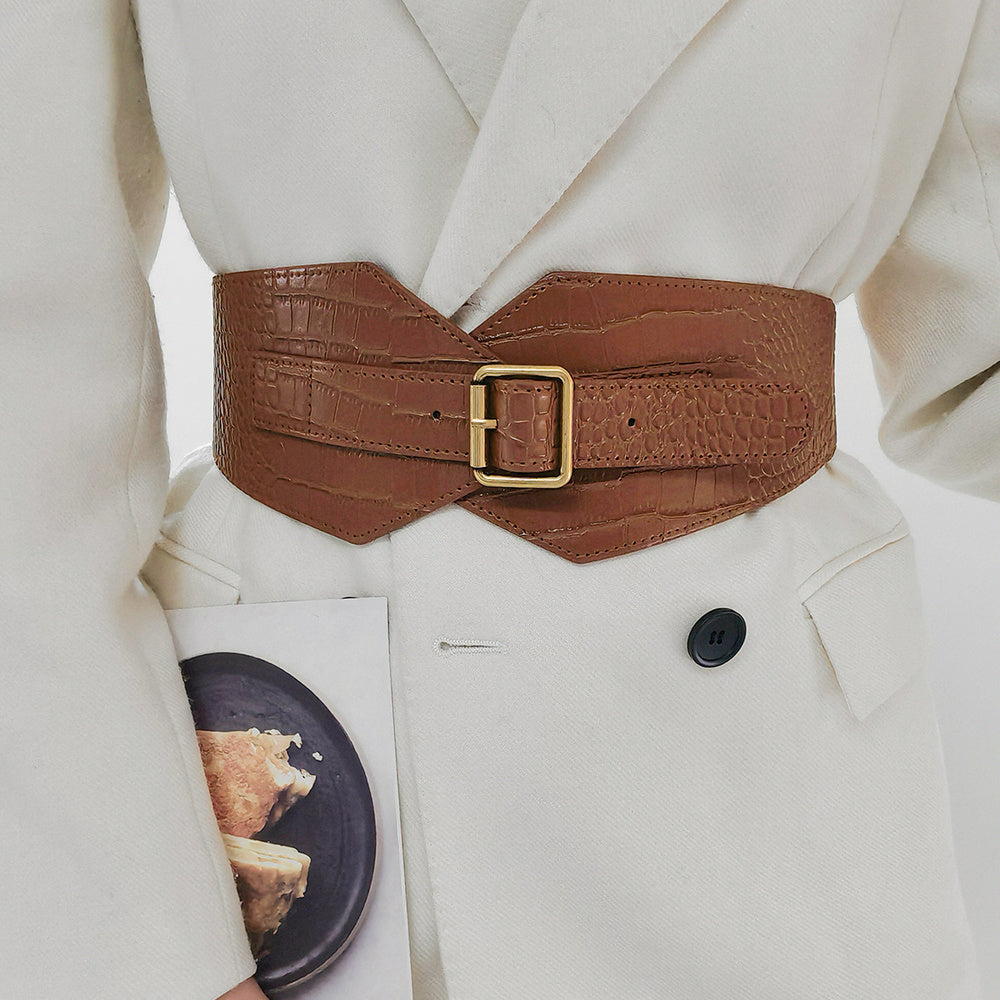 Needle Buckle Wide Elastic Belt Alligator Texture