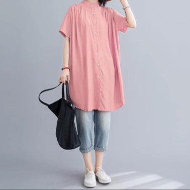 Mid-length Band Collar Short Sleeve Shirt / Shirtdress